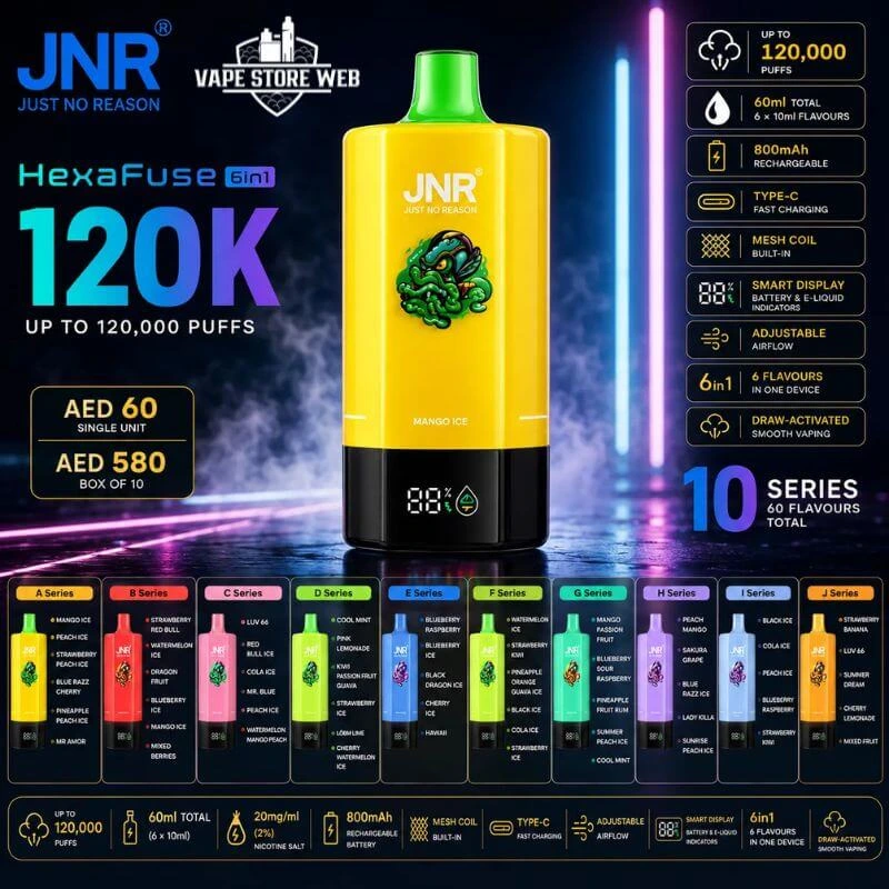 JNR HexaFuse 120K Puffs Disposable Vape 6in1 in Dubai UAE